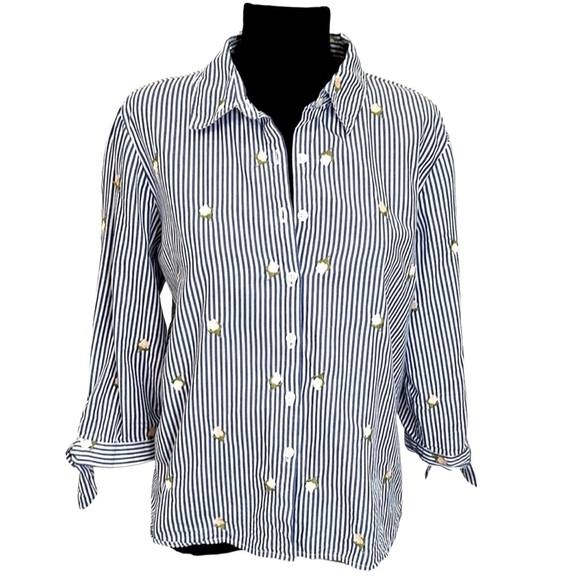 MARC NEW YORK Button Up Shirt Navy & White Stripe w/ Rose Embroidery ANDREW MARC - Picture 12 of 12